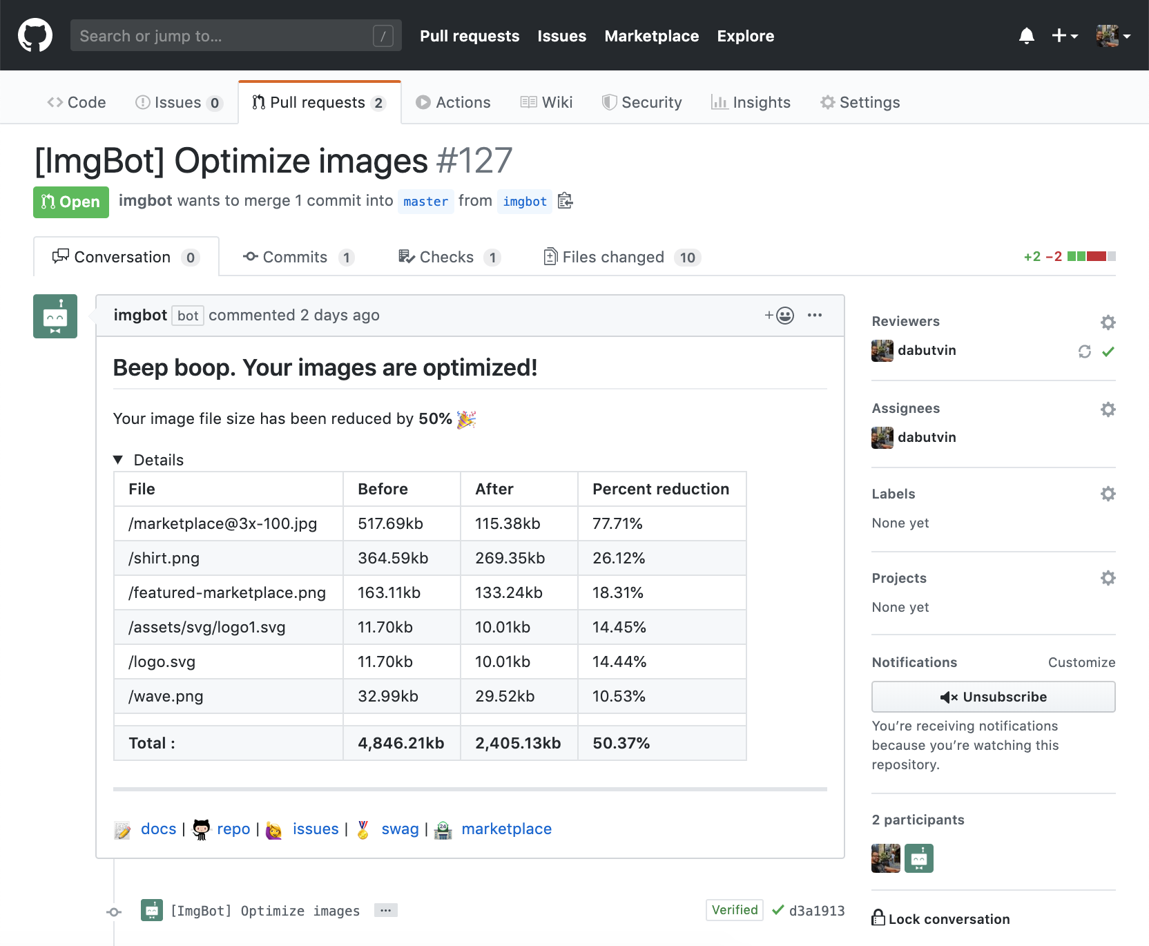 An Imgbot pull request example on GitHub